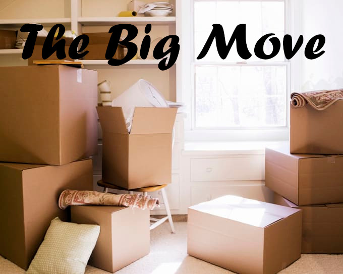 Packed moving boxes next to window