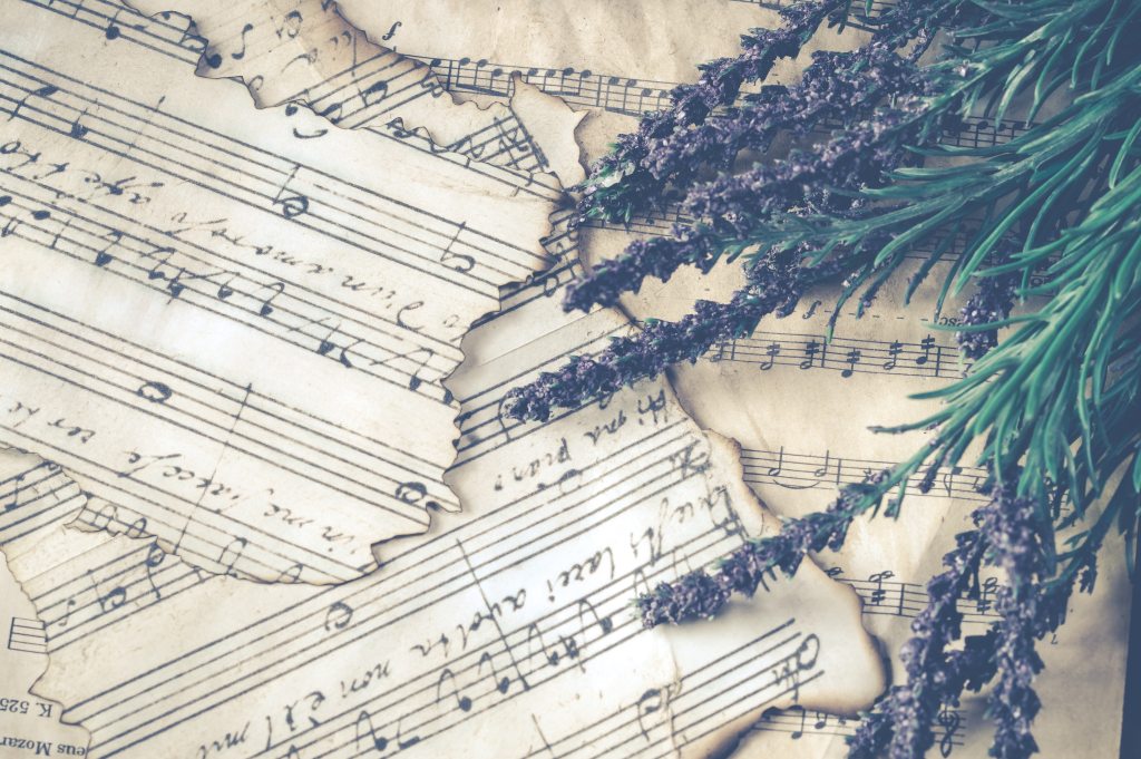 distressed edge sheet music and lavender