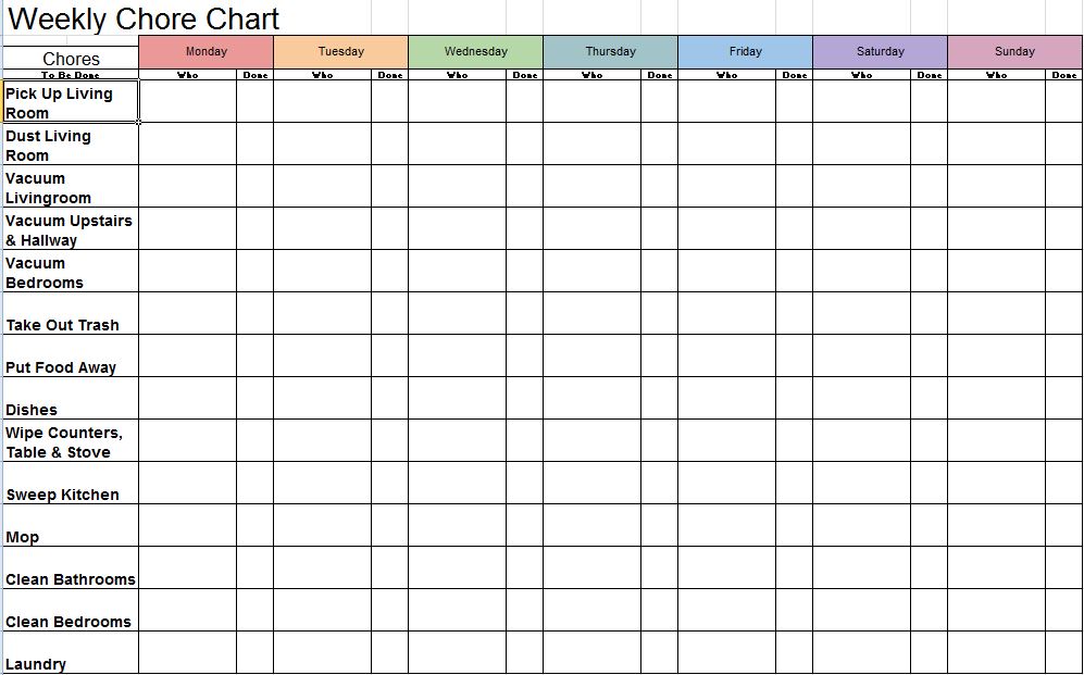 spreadsheet with chores listed vertically and days of the week horizontally