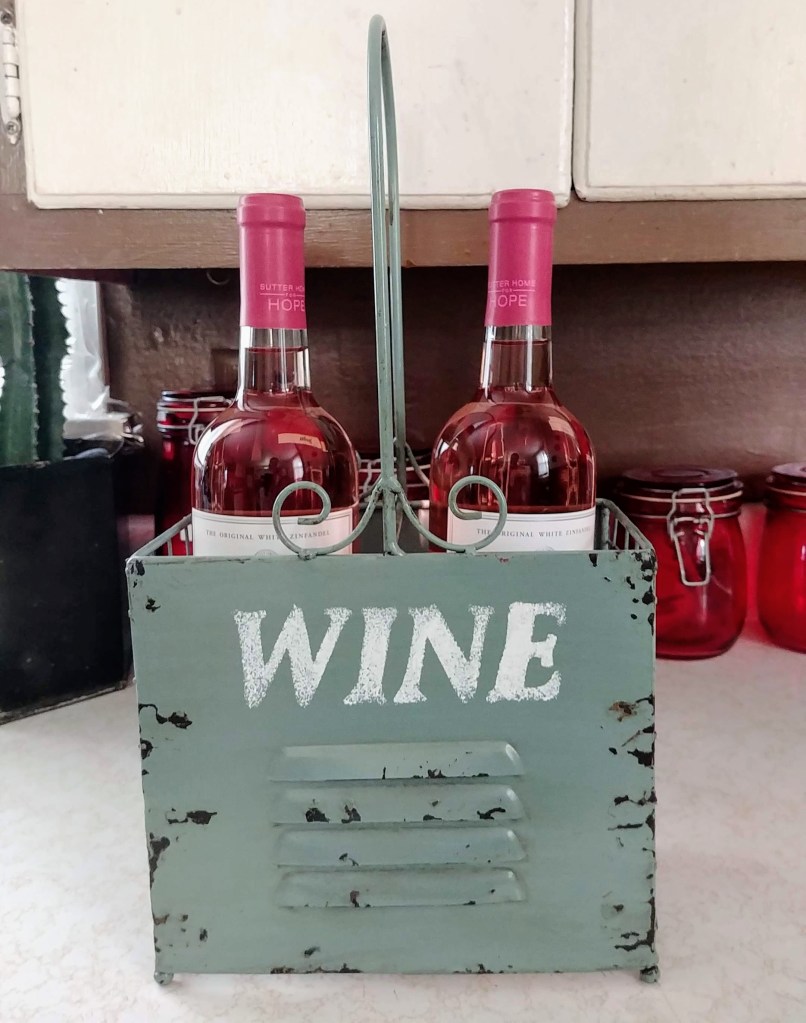 Distressed Teal Wine Caddy with Wine